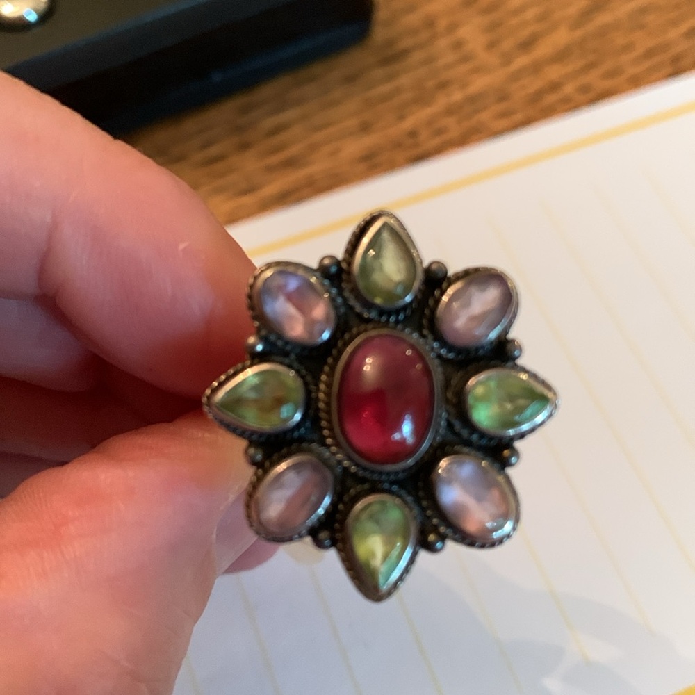 Vintage ‘S’ sterling marked silver boho ring w peridot, amethyst amber  sz 7 - Picture 6 of 8